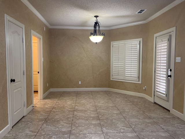 unfurnished dining area with crown molding and a textured ceiling