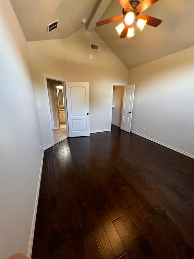 unfurnished room featuring beamed ceiling, ceiling fan, high vaulted ceiling, and dark hardwood / wood-style flooring