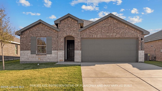 426 14th St, Wolfforth, TX 79382 - french country inspired facade with brick siding, driveway, a garage, and a front lawn