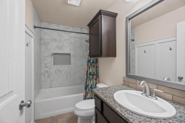 full bathroom featuring vanity, tile patterned flooring, shower / bath combination with curtain, and toilet