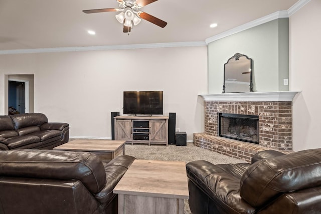 living room featuring a brick fireplace, ornamental molding, and carpet flooring