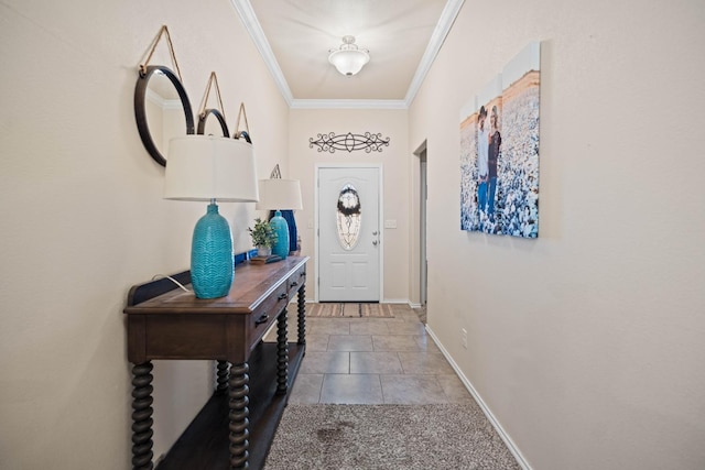 doorway featuring ornamental molding and tile patterned flooring