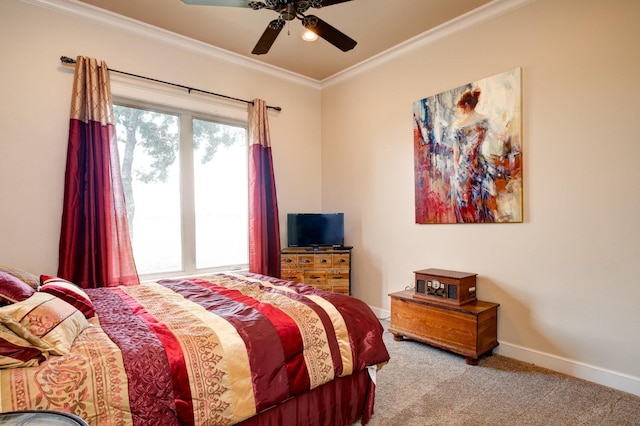 bedroom featuring ornamental molding, light colored carpet, and ceiling fan