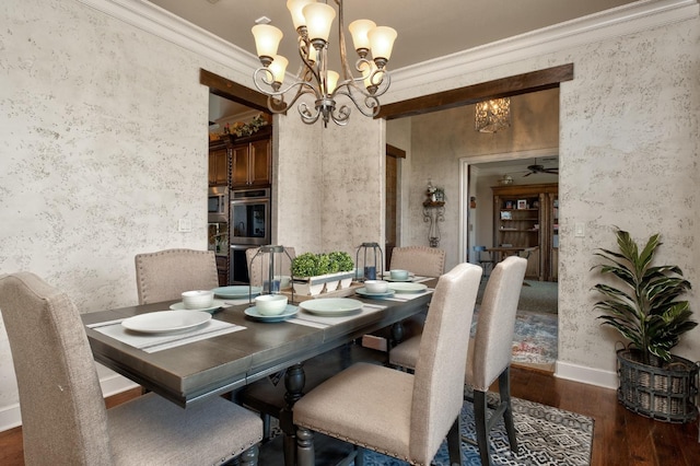 dining space featuring crown molding, dark wood-type flooring, and ceiling fan with notable chandelier