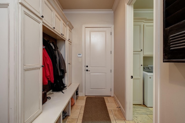 mudroom featuring washer / clothes dryer and ornamental molding