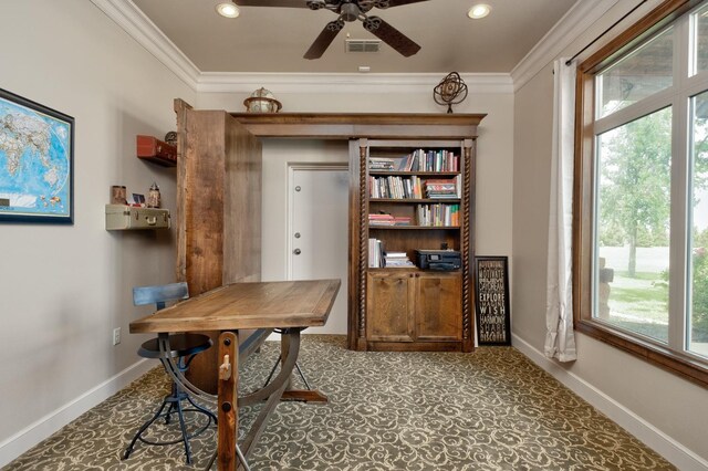 office space featuring crown molding and ceiling fan