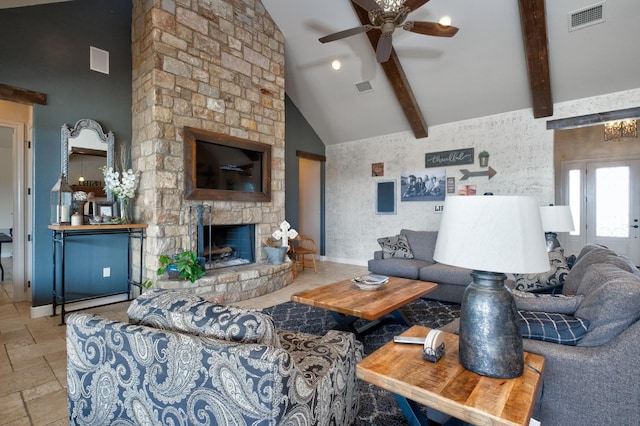 living room featuring ceiling fan, a stone fireplace, high vaulted ceiling, and beamed ceiling