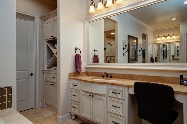 bathroom featuring vanity, ornamental molding, and a shower