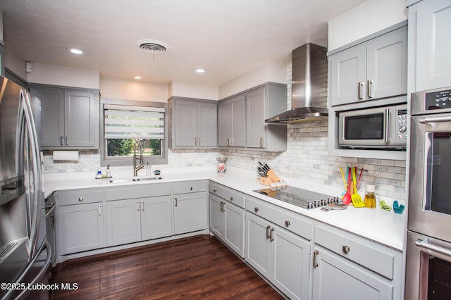 4609 10th St, Lubbock, TX 79416 - kitchen featuring wall chimney exhaust hood, a sink, gray cabinets, stainless steel appliances, and tasteful backsplash