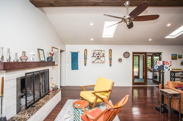 4609 10th St, Lubbock, TX 79416 - living room with a skylight, lofted ceiling, a premium fireplace, a ceiling fan, and recessed lighting
