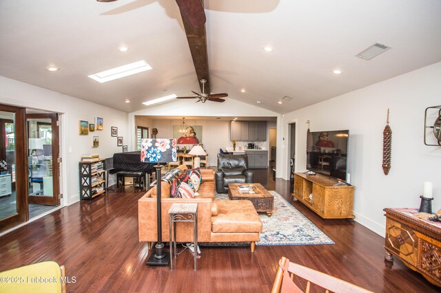 4609 10th St, Lubbock, TX 79416 - living area with a ceiling fan, dark wood-style floors, baseboards, recessed lighting, and a skylight