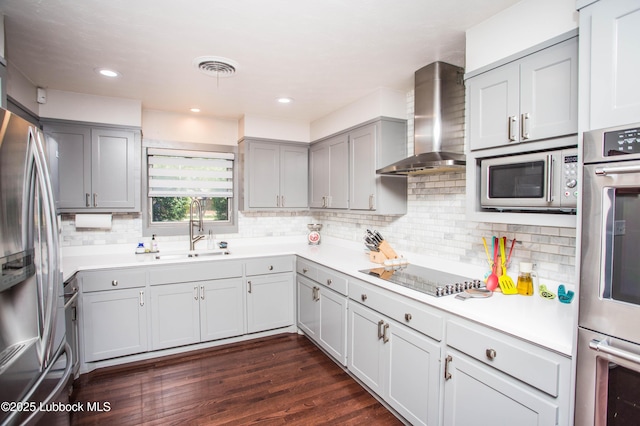 4609 10th St, Lubbock, TX 79416 - kitchen featuring wall chimney range hood, a sink, appliances with stainless steel finishes, gray cabinets, and tasteful backsplash