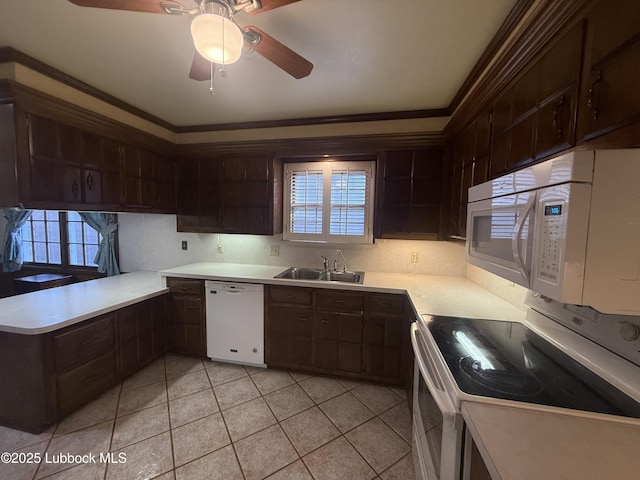 3806 56th St, Lubbock, TX 79413 - kitchen featuring white appliances, light tile patterned floors, light countertops, decorative backsplash, and ornamental molding