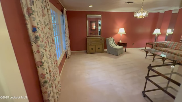3806 56th St, Lubbock, TX 79413 - sitting room featuring baseboards, a chandelier, carpet flooring, healthy amount of natural light, and recessed lighting