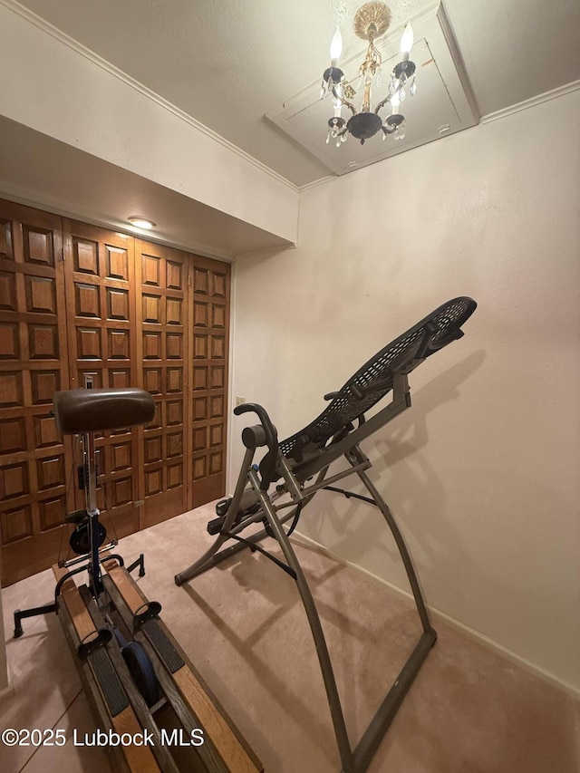3806 56th St, Lubbock, TX 79413 - workout area with carpet flooring and a chandelier