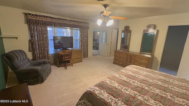 3806 56th St, Lubbock, TX 79413 - bedroom featuring ornamental molding, light colored carpet, and ceiling fan