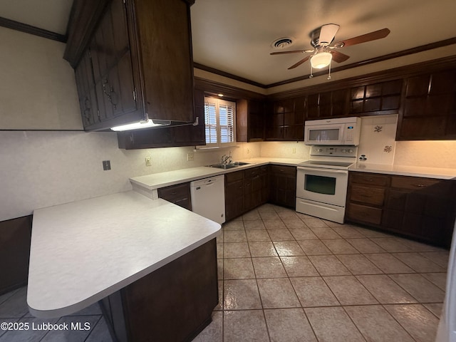 3806 56th St, Lubbock, TX 79413 - kitchen featuring white appliances, tasteful backsplash, a ceiling fan, ornamental molding, and light countertops