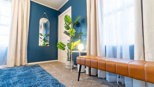 bedroom with ornamental molding and carpet flooring