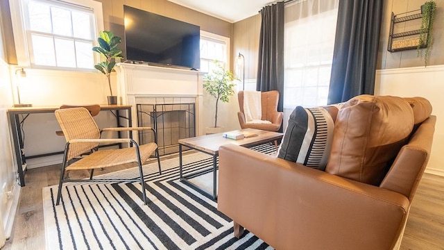 living area featuring a fireplace and light hardwood / wood-style flooring