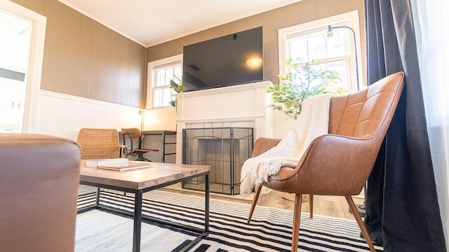 living area featuring crown molding, a fireplace, and light hardwood / wood-style flooring