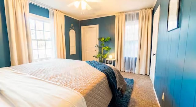 carpeted bedroom with multiple windows and ceiling fan