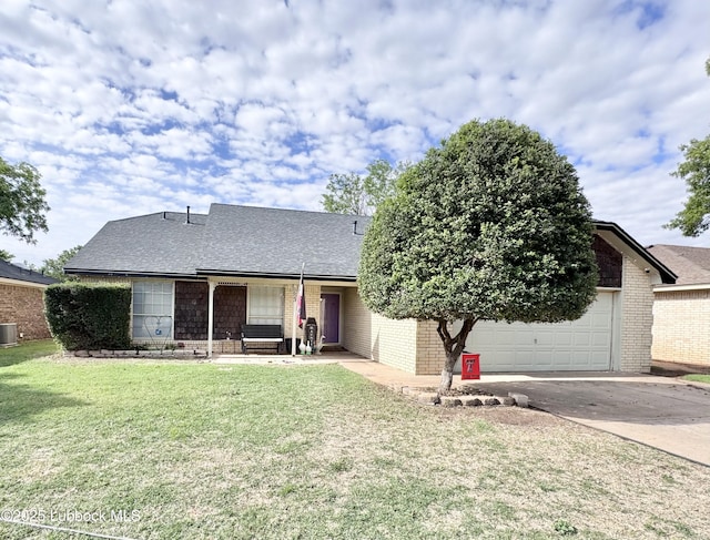 5623 87th St, Lubbock, TX 79424 - view of front of home with driveway, brick siding, a garage, a front yard, and central AC