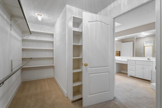 spacious closet featuring built in desk, sink, and light carpet