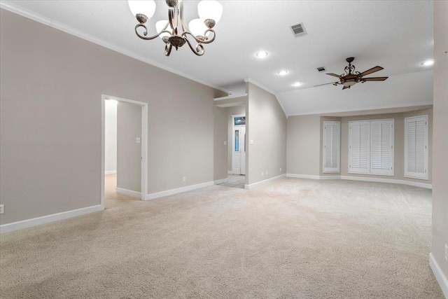 unfurnished living room featuring crown molding, light colored carpet, ceiling fan with notable chandelier, and a textured ceiling