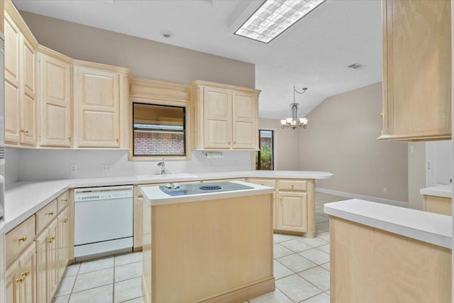 kitchen with decorative light fixtures, a center island, light tile patterned floors, white dishwasher, and black electric stovetop