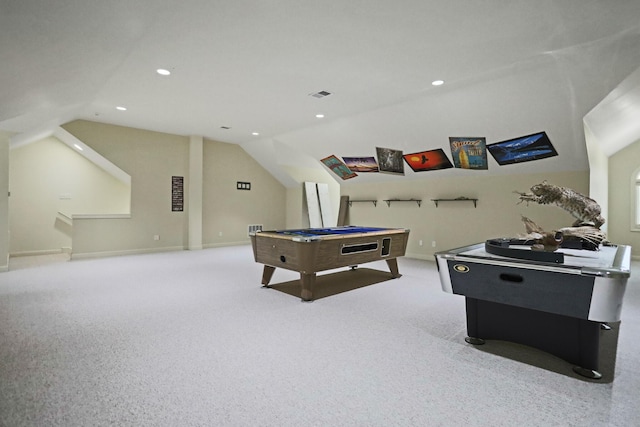 game room featuring lofted ceiling, pool table, and light colored carpet