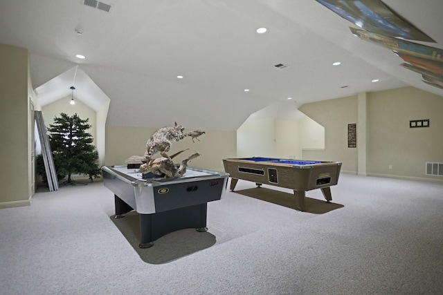 game room featuring lofted ceiling, light colored carpet, and pool table