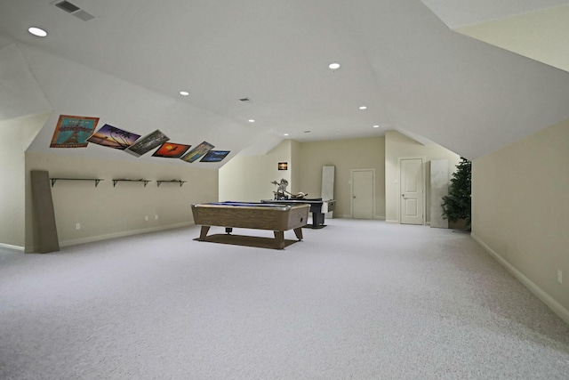 playroom with lofted ceiling, light carpet, and billiards