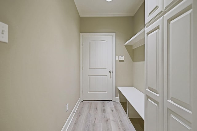 mudroom featuring ornamental molding and light wood-type flooring