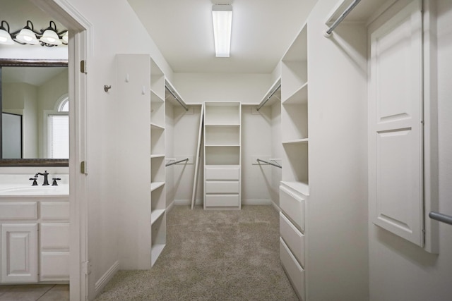 walk in closet with sink and light carpet