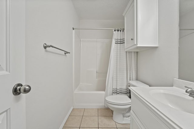 full bathroom with shower / bathtub combination with curtain, tile patterned flooring, vanity, a textured ceiling, and toilet