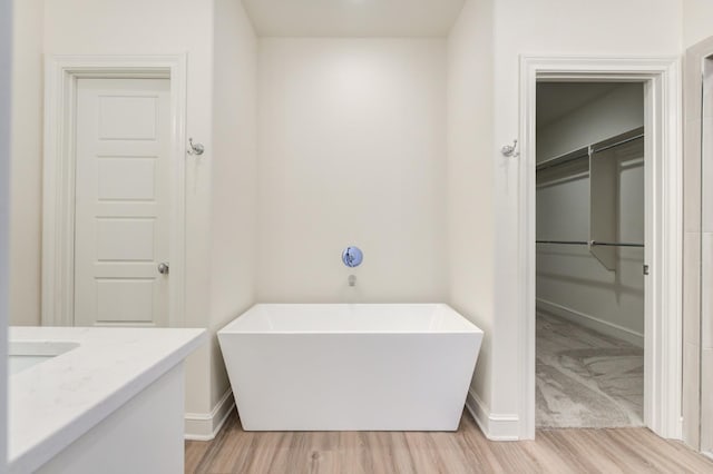 bathroom with hardwood / wood-style flooring and a tub to relax in