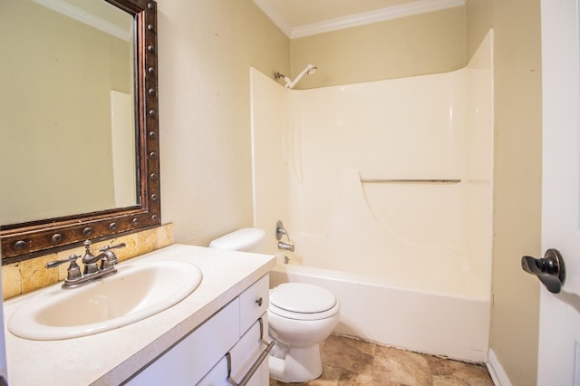 full bathroom featuring ornamental molding, toilet, tub / shower combination, and vanity