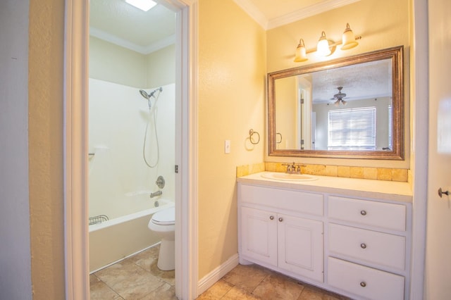 full bathroom with shower / bathtub combination, ornamental molding, vanity, ceiling fan, and toilet