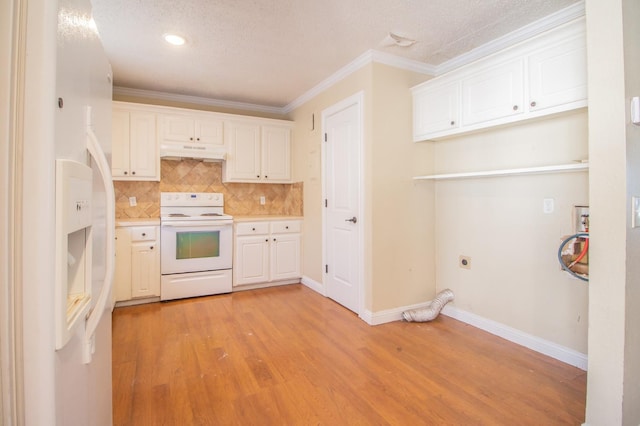 kitchen with white cabinetry, white appliances, light hardwood / wood-style floors, and decorative backsplash