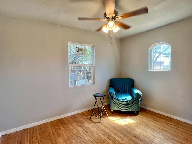 living area featuring ceiling fan, plenty of natural light, and light hardwood / wood-style floors