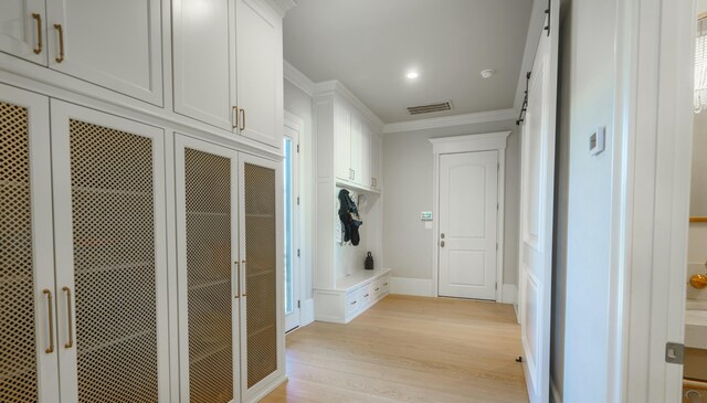 mudroom featuring ornamental molding and light hardwood / wood-style floors