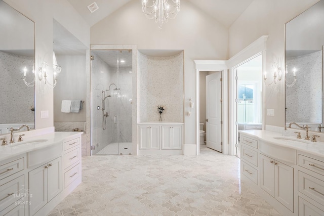 bathroom with lofted ceiling, vanity, a shower with shower door, and toilet