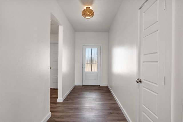 doorway with dark wood-type flooring