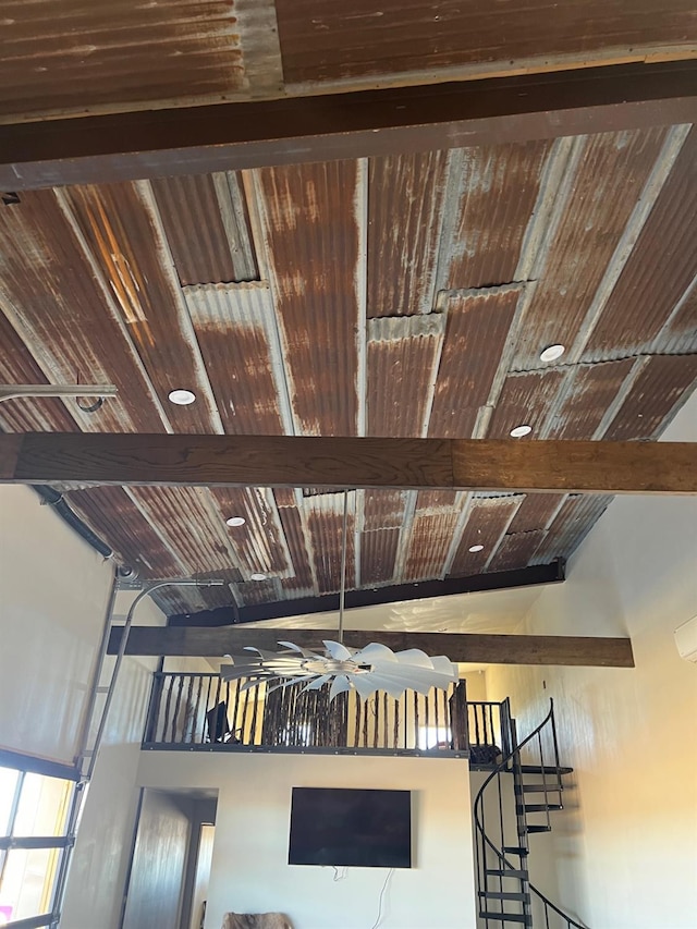 room details featuring wood ceiling and beamed ceiling