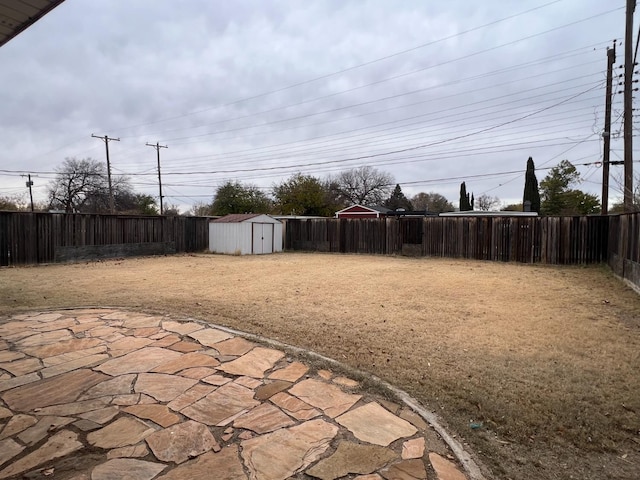 view of yard with a shed and a patio area