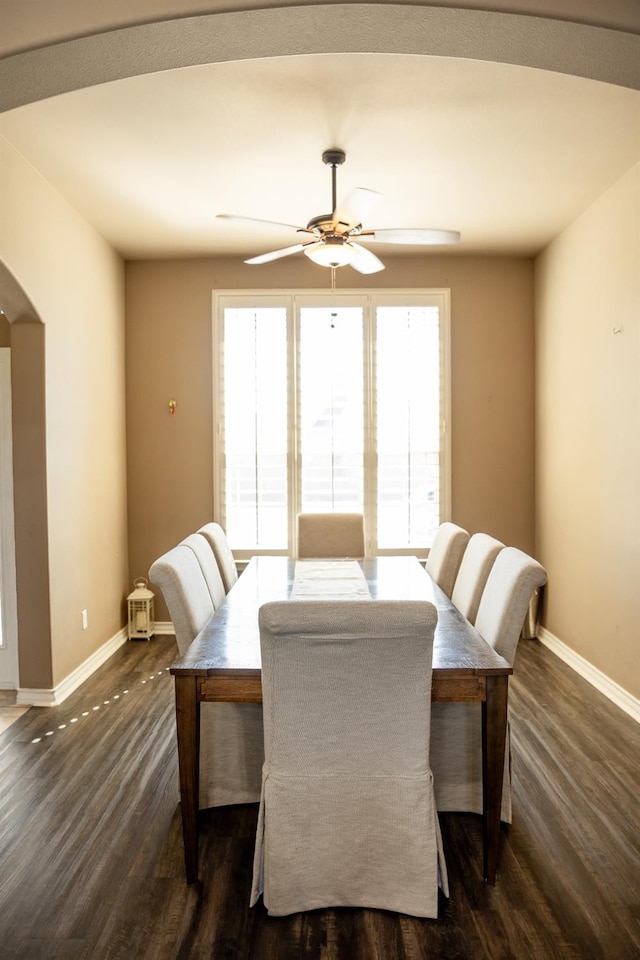 dining area featuring dark hardwood / wood-style floors and ceiling fan