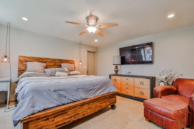 bedroom with light tile patterned floors and ceiling fan