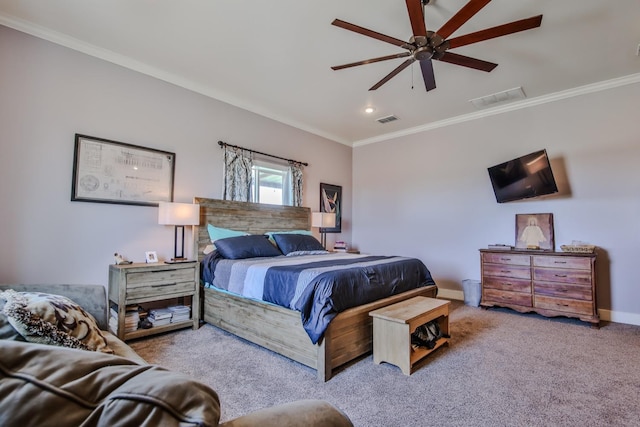 bedroom with light carpet, crown molding, and ceiling fan