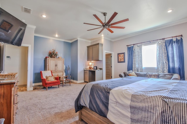 bedroom featuring light carpet, ornamental molding, and ceiling fan