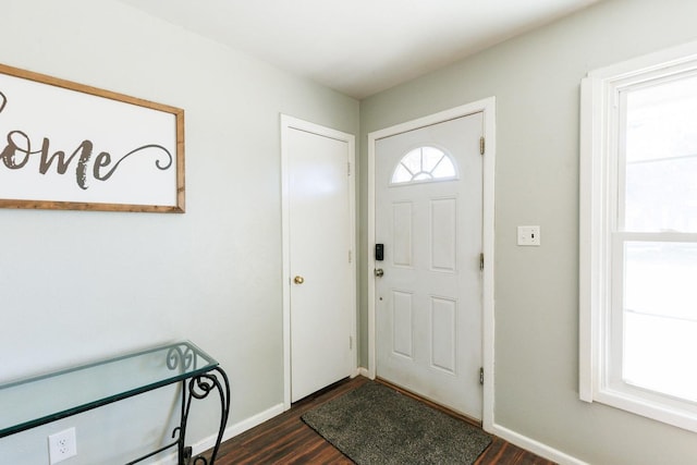 entryway with a wealth of natural light and dark hardwood / wood-style flooring